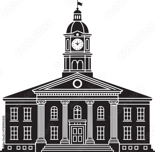 Black silhouette of courthouse for justice system, government, or educational facility