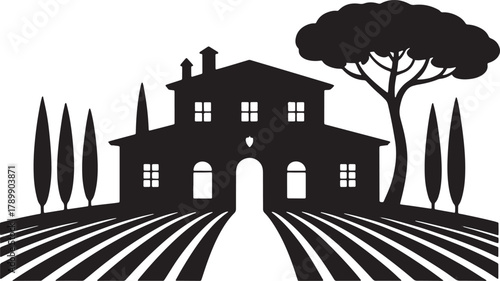 Italian villa vector silhouette with cypress trees and vineyard field landscape