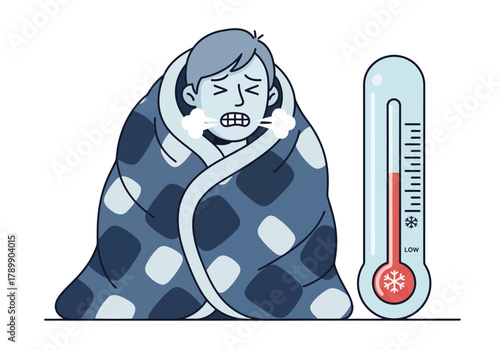 A cartoon illustration of a person shivering from the cold, wrapped in a blanket next to a thermometer showing a low temperature.