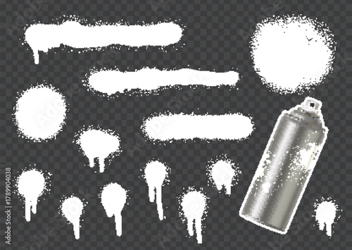 Spray paint streaks and drips with metallic aerosol can on transparent background.