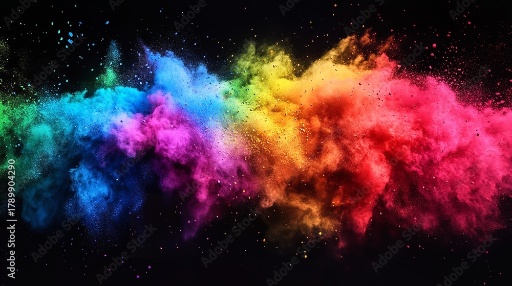 Fototapeta premium An explosion of vibrant powder paint against a black background creates a dynamic and colorful composition