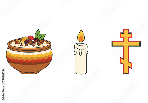 A set of Orthodox Christian symbols featuring a bowl of Kutia, a lit candle, and a three-bar cross.