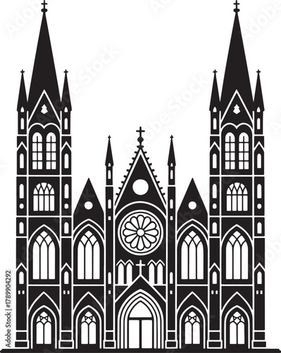 Detailed Silhouette Illustration Of Gothic Cathedral Church With High Tower Architecture