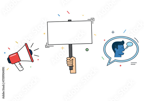 A set of icons representing protest and communication: a megaphone, a blank sign, and a person speaking.