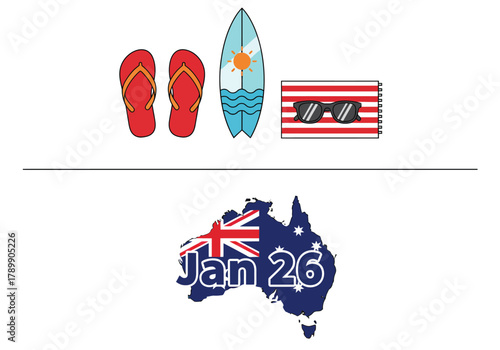 Illustration celebrating Australia Day on January 26th with summer beach accessories and a map of the country.