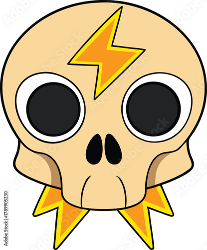 A cartoon skull with large black eyes and a black nose, featuring yellow lightning bolts on its forehead and jaw. The tone is playful and quirky.