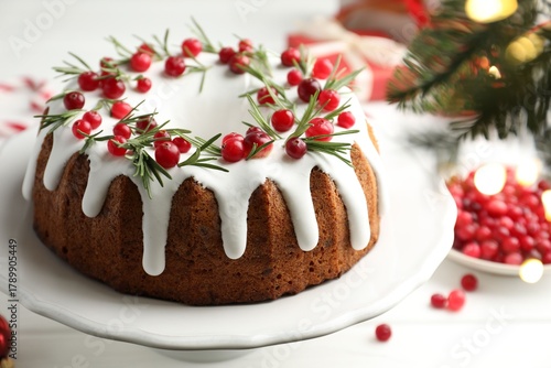 Wallpaper Mural Tasty Christmas cake with icing, cranberries and rosemary on white table, closeup Torontodigital.ca