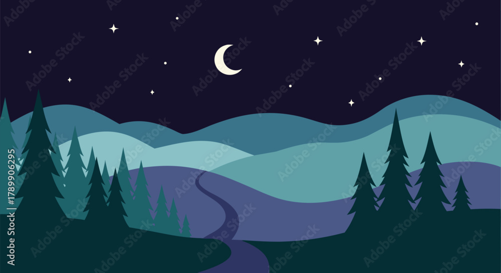 Naklejka premium A beautiful flat vector illustration of a night landscape with rolling hills, a winding path, pine forest, and a crescent moon in the starry sky