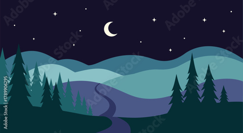 A beautiful flat vector illustration of a night landscape with rolling hills, a winding path, pine forest, and a crescent moon in the starry sky