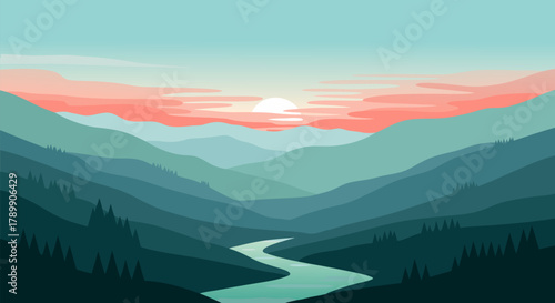 Serene Mountain Landscape with a Winding River at Sunset, Illustrating the Beauty of Nature and Tranquility