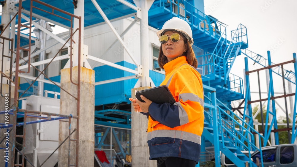 Fototapeta premium A supervisor stands at a construction site, wearing an orange reflective jacket and white hard hat. She is reviewing plans on a tablet, ensuring safety and efficiency