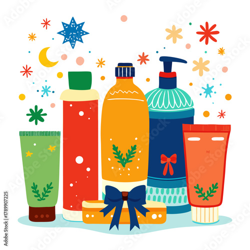 Festive Winter Beauty Product Collection with Christmas Holiday Starry Sky and Moon, Vector Skincare Gift Set Isolated on Transparent Background. 