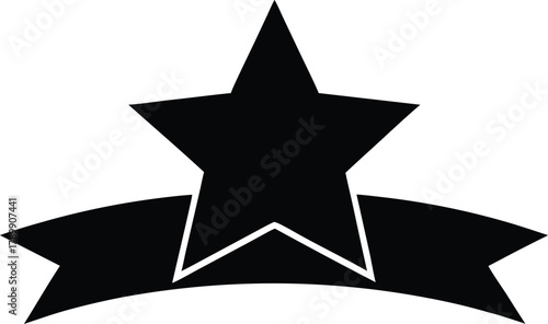 Black star with a thick outline sits above a horizontal black ribbon on a white background, conveying a sense of achievement or award.