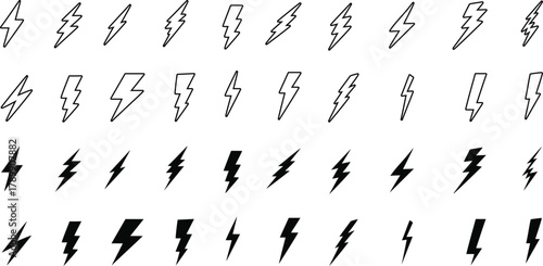Set of black and white lightning bolt icons, various electric power and energy flash symbols, minimalist thunder shapes collection for electricity, weather, or technology design elements.