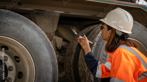 Konstfotografi A woman wearing safety gear checks the undercarriage of a heavy vehicle at an industrial site
