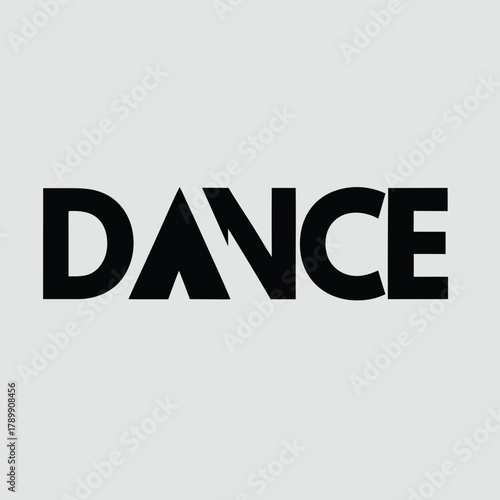Bold black text spells "DANCE" on a light gray background. The letter "A" has a dynamic, angular design, conveying energy and movement.