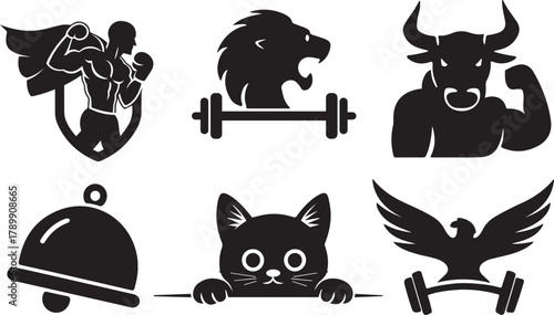 Powerful fitness vector icons including lion, bull, and boxer Vector, illustration
