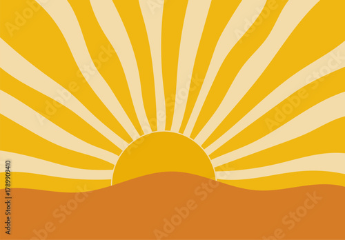 Stylized orange sun rising behind curved hills with wide yellow rays filling the sky