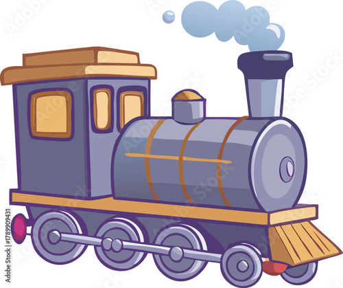 Illustration of a cute, cartoon steam train with a purple body, gold accents, and round windows. It emits puffs of smoke and sits on a blank background.