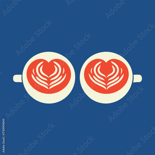 Illustration of two coffee cups with red hearts and white latte art on top, against a blue background. The image conveys warmth and companionship.