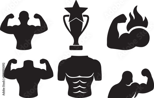 Bodybuilding and fitness strength concept vector icon set on white Vector, illustration