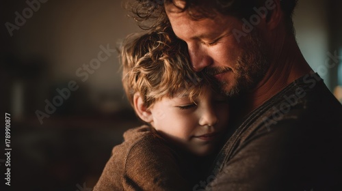 Heartfelt family portrait of a father hugging his smiling son in a warmly lit living room