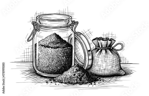 Hand-Drawn Glass Jar and Sugar Sack in Vintage Style. Vector Illustration for Slow Living and Rustic Kitchen Concepts.
