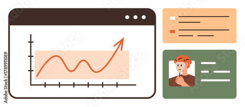 Line graph with upward trend in a dashboard, profile card with user photo, and task status list. Ideal for data analysis, teamwork, management, progress tracking, productivity, analytics