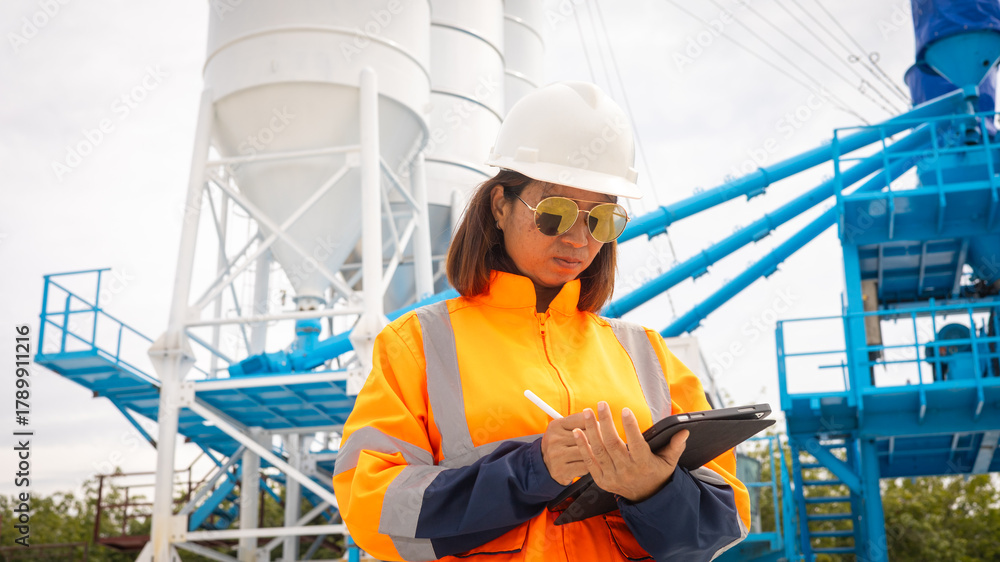 Fototapeta premium A construction site worker in a bright orange safety jacket and hard hat is checking notes on a clipboard. Large concrete silos are in the background, indicating ongoing construction work