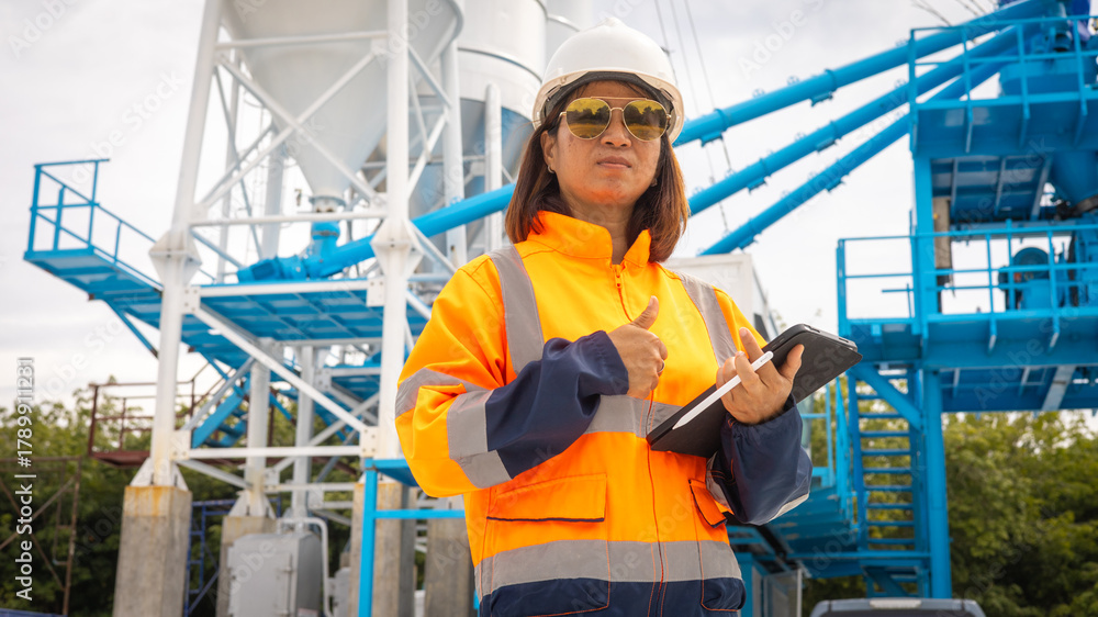 Fototapeta premium A construction site manager stands confidently at an industrial location wearing safety gear. She holds a tablet and oversees operations while surrounded by machinery and equipment