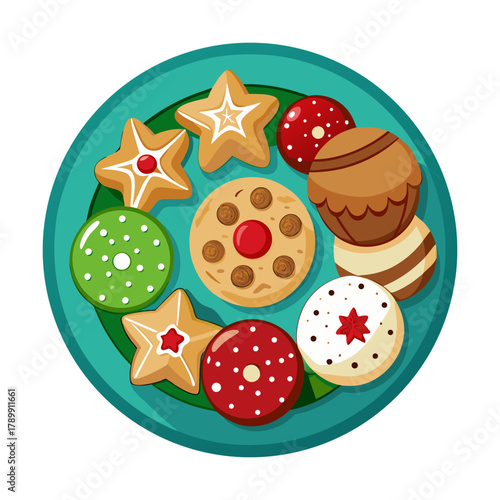 Delicious Assortment: Cookies, Stars, Round Treats on Teal Plate - Overhead Holiday Confectionery Design, Sweet Biscuits, Colorful Baking for Dessert elements. 