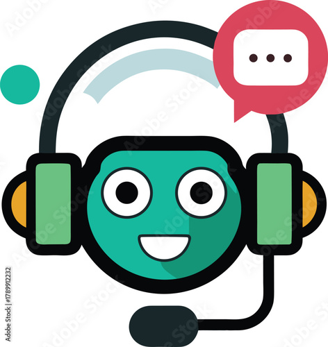 Friendly chatbot icon with a smiling green face wearing headphones and a microphone. A red speech bubble with ellipsis indicates conversation.
