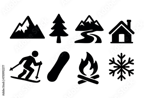 A set of eight black glyph icons depicting winter sports and activities, including mountains, a tree, a river, a cabin, a skier, a snowboard, a campfire, and a snowflake. Perfect for websites, apps, o