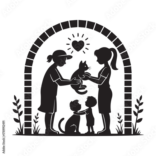 Family with pets under archway icon