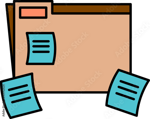 Organized file folder with sticky notes documents business case study brainstorm