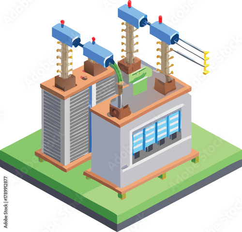 Isometric illustration of an electrical substation on a green platform with transformers and blue circuit breakers, conveying a technological theme.