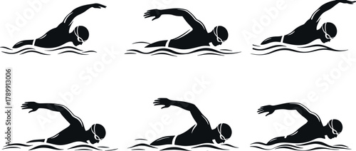 Silhouettes of swimming man in action