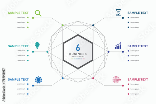 6 Step Business Strategy Infographic with Icons and Color Coded Segments