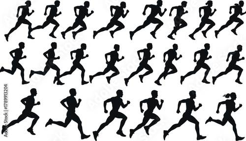 Set of silhouettes of running men and women