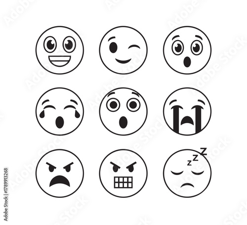 Diverse set of cartoon-style emojis depicting a range of human emotions from happiness and surprise to anger and sleepiness, presented in a monochrome line art format
