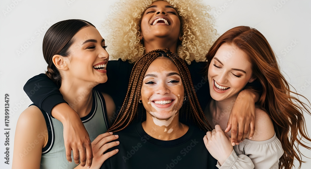 Fototapeta premium Joyful diverse women friends laughing together, celebrating friendship, diversity, and self-acceptance in a studio portrait.