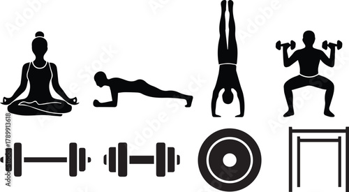 Fitness and gym workout exercise equipment sport activity icons Vector, illustration