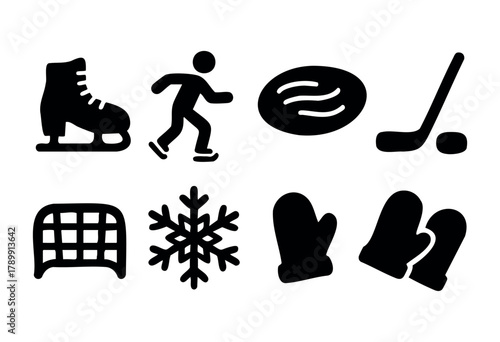 Set of eight black glyph icons related to winter sports, including ice skates, ice hockey stick and puck, a figure skater, a hockey net, a snowflake, and mittens. Perfect for mobile apps, websites, or