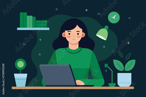 Woman Working On Laptop At Home Office Desk With Plants And Green Decor