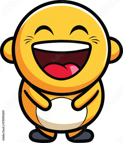 A cartoon-style, round yellow character with a big open-mouthed laugh and closed eyes. It has small arms, legs, and exudes a joyful, playful vibe.