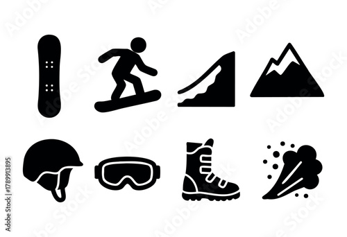 A set of eight black glyph icons depicting snowboarding equipment and activities, including a snowboard, snowboarder, mountain slope, mountain range, helmet, goggles, snowboard boots, and snow spray. 