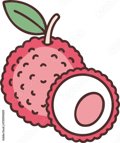 Illustration of a lychee fruit, featuring a pink spiky exterior, green leaf, and a cross-section showing the white flesh and brown seed, on a white background.