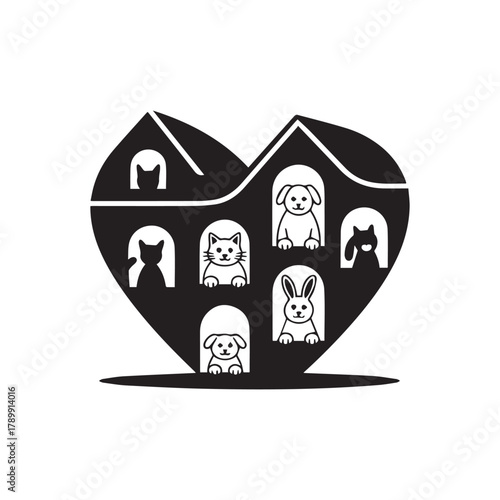 Heart shaped home with various pets peeking out