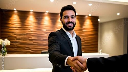 Welcoming Hotel Receptionist Shaking Hands with Guest