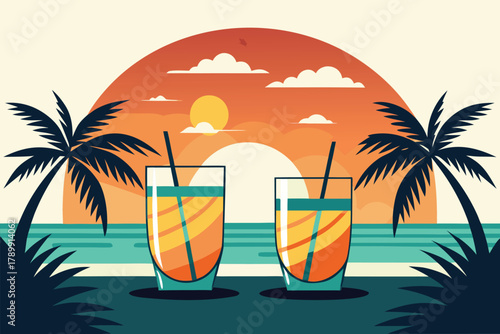 Two glasses with colorful drinks sit on a beach as a warm sunset fills the sky. Palm trees frame the scene, evoking tropical vacation vibes, relaxation, and carefree summer moments.